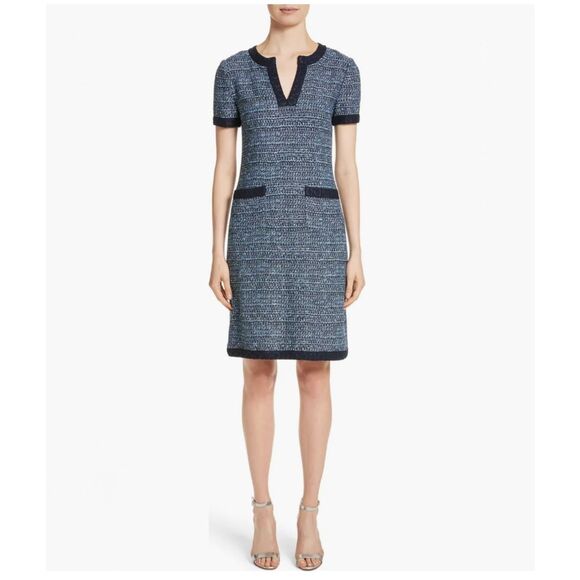 St. John Women’s Multi Blue Tweed Short Sleeve Knit Dress - Picture 1 of 12